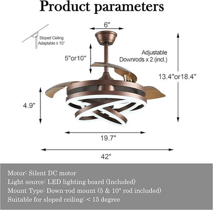 42" Retractable Ceiling Fan with Lights & Remote - Silent DC Motor Modern Ceiling Fan - 6 Speed LED Fan for Bedroom Living Room Kitchen