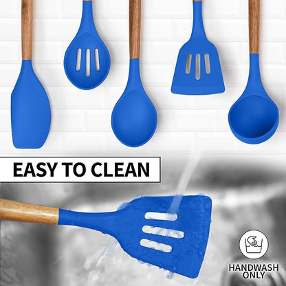 Zulay Kitchen Utensils Set - Non-Stick Silicone Cooking Utensils Set with Authentic Acacia Wood Handles - 5 Piece Silicone Utensil Set - Silicone Kitchen Utensils Set (Dark Blue)