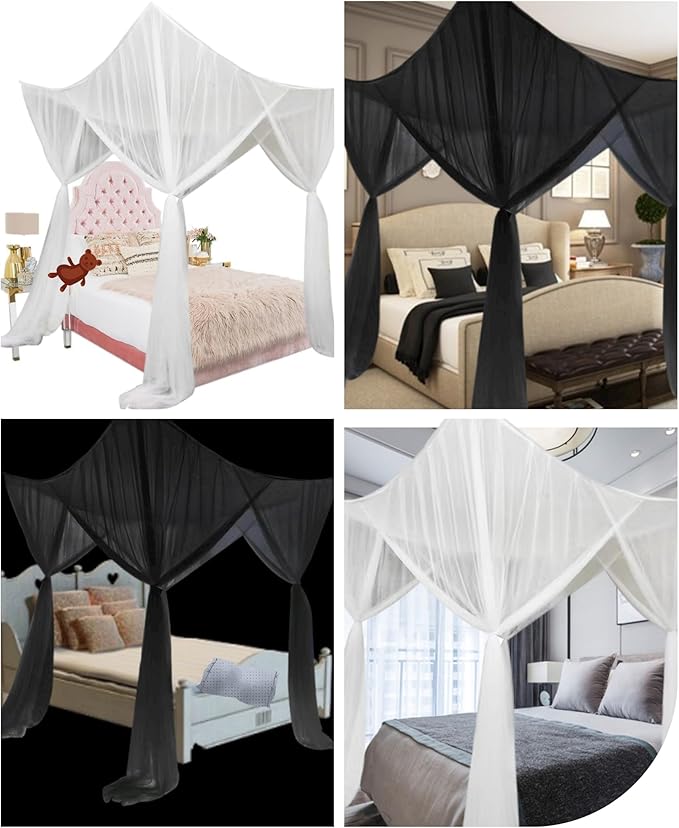 Bed Canopy Mosquito Net for Bed, Canopy Bed Curtains for Twin Full Size, 4 Corner Post Bedroom Canopy for Kids Adults, Square Bed Drapes Home Decor (Black)