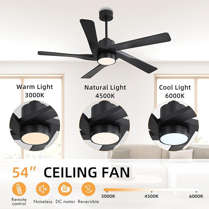 WINGBO 54" ABS DC Ceiling Fan with Lights, 5 Blade ABS Plastic Ceiling Fan with Remote, 6-Speed Reversible DC Motor, LED Ceiling Fan for Kitchen Bedroom Living Room, Matte Black