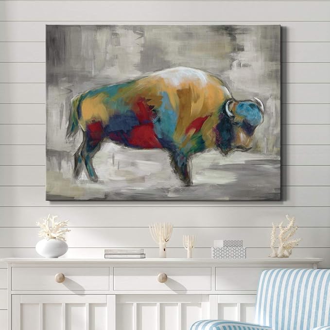 Renditions Gallery Canvas Animal Wall Art Home Paintings & Prints Colorful Bison Brushstroke Abstract Black & White Modern Artwork Decorations for Bedroom Office Kitchen - 24"x36" LT33