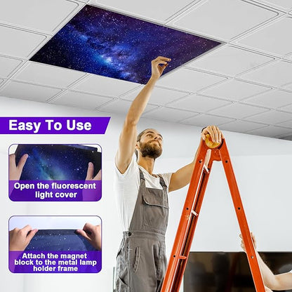 4 Pcs Fluorescent Light Covers for Ceiling Lights Classroom, Stylish Fluorescent Lampshades Classroom Light Covers Magnetic, Modern Ceiling Light Covers for Office, Home, Hospital (Starry Sky)