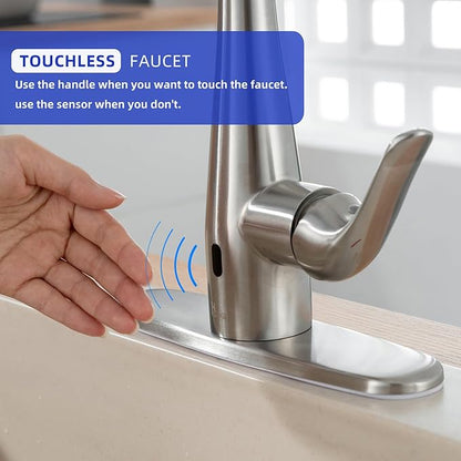 Touchless Kitchen Faucet with Soap Dispenser and Pull Down Sprayer - Single Handle Sensor Kitchen Sink Faucet, 1 or 3 Hole Design for Modern Farmhouse Kitchens, Rv, and Bar Sinks(Brushed Nickel)