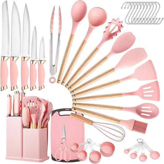 37 PCS Kitchen Utensils Set, Silicone Cooking Utensils Set with Kitchen Knife Set and Holder, Wooden Handle Kitchen Tool Set - Kitchenware Set (Pink)