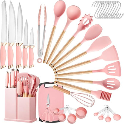 37 PCS Kitchen Utensils Set, Silicone Cooking Utensils Set with Kitchen Knife Set and Holder, Wooden Handle Kitchen Tool Set - Kitchenware Set (Pink)