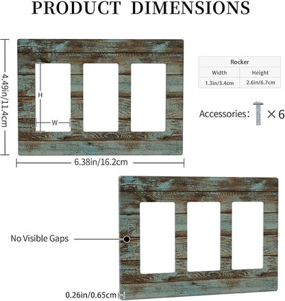 Vintage Green Wood Texture Triple Rocker Light Switch Wall Plate Cover Decorative 3-Gang for Outlet Room Bathroom Bedroom Home Kitchen Three Decora Receptacle Polycarbonate Power Gear 4.5" x 6.38"