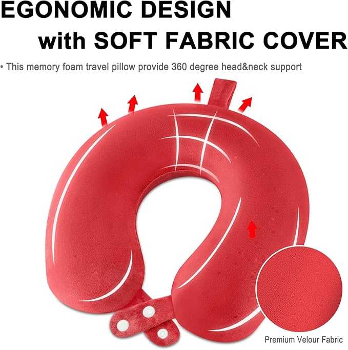 Travel Neck Pillow Airplane, Soft Memory Foam Support Head Neck Chin, with Removale Cover and Adjustable Snap Button, Comfortable Sleeping in Plane Car Train Traveling Office Home, Red