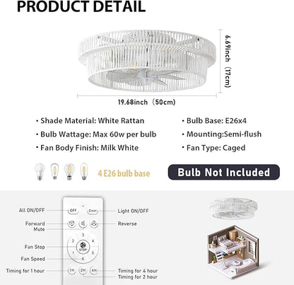 Woven Caged Ceiling Fans with Lights,20 in White Wicker Fandelier, Enclosed Boho Fan with Light for Bedroom Kitchen Living Room