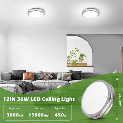 2-Pack 36W LED Ceiling Light Fixture (450W Equiv), 12IN Modern Flush Mount Ceiling Lights, Dimmable Ceiling Lamps Super Bright 3000LM, 3000K/4000K/5000K Adjustable for Bedroom Kitchen Bathroom Hallway