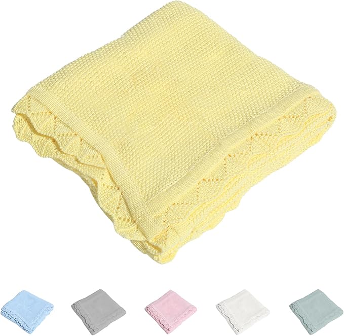 100% Cotton Baby Blanket Knit Soft Warm Lace Toddler Newborn Nursery Blanket, 30 x 40 Inches, Lemon Yellow