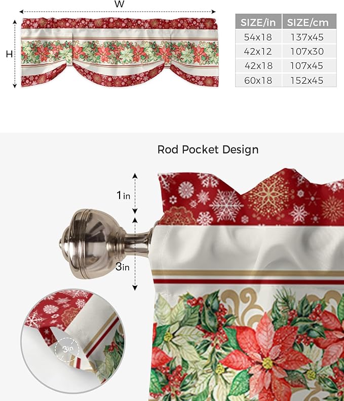 Watercolor Poinsettia Christmas Blackout Tie Up Valance Curtains for Kitchen Windows Red Xmas Winter Holiday Window Toppers Balloon Shades for Living Room/Bathroom/Bedroom,42" X 12", Gold White