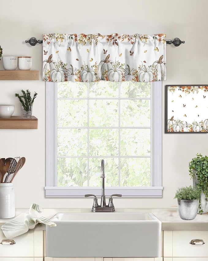 Vandarllin Fall Floral Leaves Kitchen Curtains Valances for Windows Thanksgiving Pumpkins Rod Pocket Window Treatment for Kitchen/Living Room/Bedroom/Bathroom,54" X 18" -1 Panel, Boho