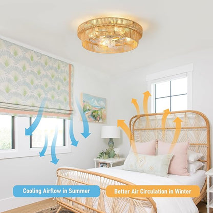 20" Boho Ceiling Fan with Light,Rattan Caged Fandeliers with Lights and Remote/Hidden Blade/Low Profile/6-speed for Bedroom Living Room Kitchen