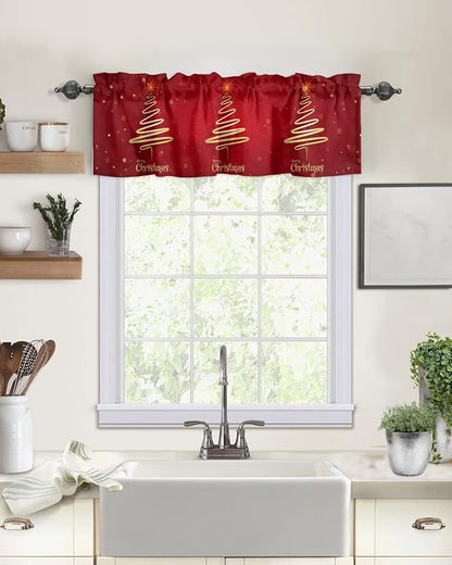 Vandarllin Christmas Tree Kitchen Curtains Valances for Windows Merry Xmas Red Rod Pocket Window Treatment for Kitchen/Living Room/Bedroom/Bathroom,42" X 18" -1 Panel, Winter Holiday Decor