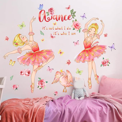 Ballerina Girl Wall Decals Dancing Girl Swan Dance Wall Stickers Swan Rose Butterfly Decor Inspirational Home Kid Room Decoration Bedroom Playroom Art Gift