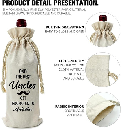 ZHANTUONE，Only the Best Uncles Promoted to Godfather,Father's Day Gifts,Funny party Wine Bags,Drawstring Polyester Cotton Cloth Wine Bag,Gift for Godfather Godparents Baptism Gift