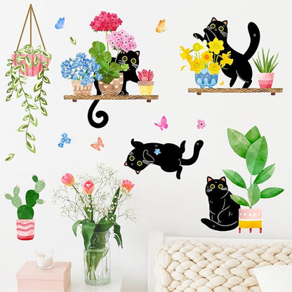 Mfault Spring Summer Potted Plant Black Cat Wall Decals Stickers, Kitty Geranium Flower Cactus Bonsai Vine Decoration Bedroom Art, Floral Succulent Botanical Seasonal Home Kitchen Decor Party Supplies