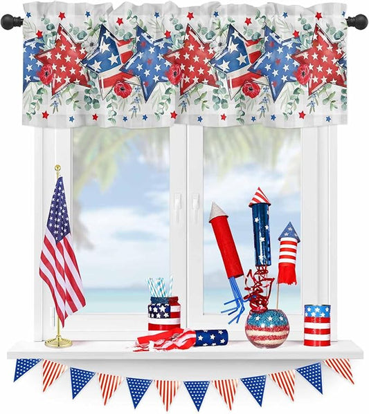 Vandarllin Eucalyptus 4th of July Kitchen Curtains Valances for Windows Patriotic American Flag Stars Rod Pocket Window Treatment for Kitchen/Living Room/Bedroom/Bathroom, 42" X 18", Grey Gingham