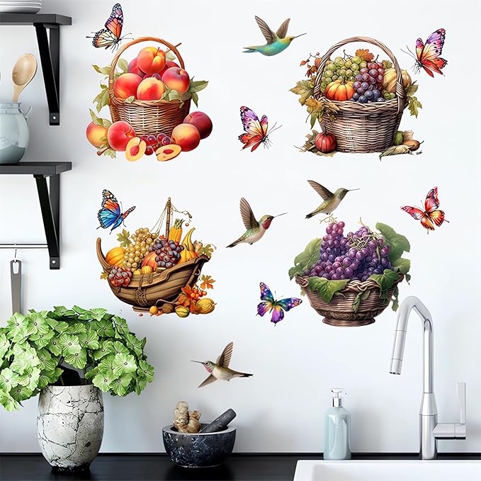 Colorful Fruits Basket Butterfly Hummingbirds Wall Stickers, sacinora Grapes Peaches Pumpkin DIY Wall Decals Removable Vinyl Peel and Stick for Kitchen Living Room Bedroom Art Home Decorations