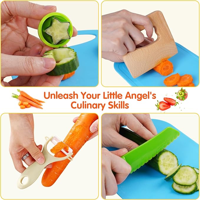 Toddlers Knife Set Kids Kitchen Tools for Real Cooking Kids Knife Set Include Toddler Chef Knives Cutting Boards Sandwich Cutters Peeler for Girl Boy Birthday Gift