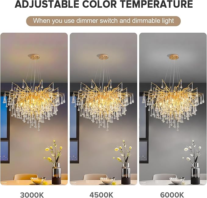 24 Inch Gold Chandelier,Modern Crystal Chandeliers for Dining Room,Round Branch Chandelier,Mini Ceiling Pendant Hanging Light Fixtures for Living Room,Bedrooms,Kitchen Island 8-Light