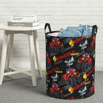 Cute Monster Trucks Cars Round Laundry Hamper Storage Basket Toys Clothes Organizer Bin For Home Bathroom Bedroom Dorm Nursery, 62l