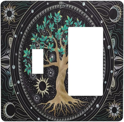 Tree of Life Blackground 2 Gang Single Toggle Rocker Combination Light Switch Cover Hippie Sun Moon Star Decorative Wall Plate Cover Electrical Faceplate for Bathroom Bedroom Kitchen Decorate