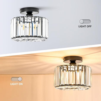 VONLUCE Crystal Light Fixture, Small Chandelier Light Fixture Modern Ceiling Light Fixture for Hallway, Black Semi Flush Mount Ceiling Light for Kitchen Bedroom Living Room Entryway