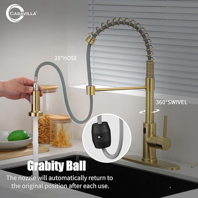 Touchless Kitchen Faucet, Brushed Gold Kitchen Faucet with Soap Dispenser and Deck Plate, Motion Sensor Smart Hands-Free Activated Single Handle Faucet for Camper Farmhouse RV Kitchen Sink