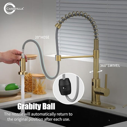 Touchless Kitchen Faucet, Brushed Gold Kitchen Faucet with Soap Dispenser and Deck Plate, Motion Sensor Smart Hands-Free Activated Single Handle Faucet for Camper Farmhouse RV Kitchen Sink