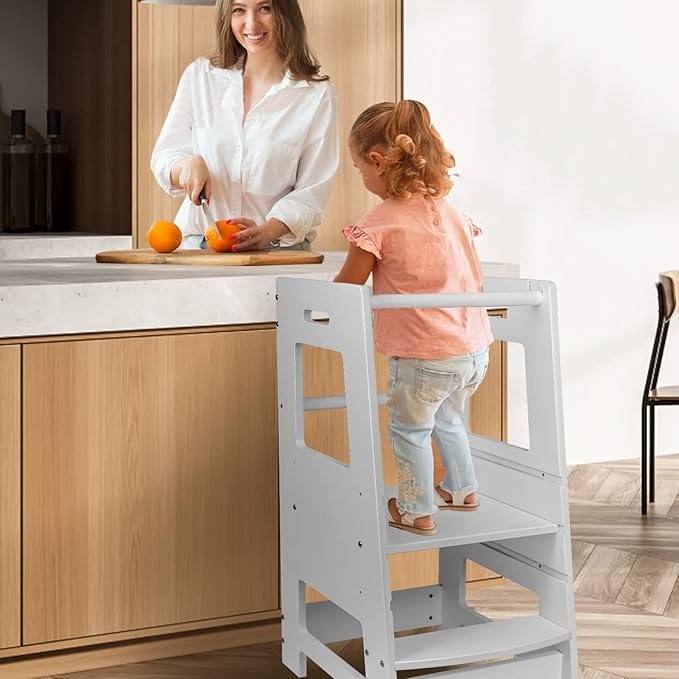 Toddler Kitchen Stool, Toddler Tower with Safety Rail, Toddler Stool for Kitchen Counter, Adjustable Height Little Helper Tower, Kitchen Stool for Toddlers 18 Months and Older, White