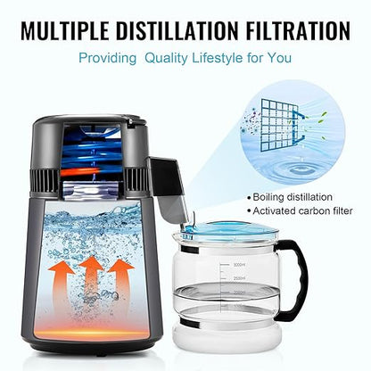 VEVOR Water Distiller, 4L 1.05 Gallon Pure Water Purifier Filter for Home Countertop, 750W Distilled Water Maker, Stainless Steel Interior Distiller Water Making Machine to Make Clean Water, Gray