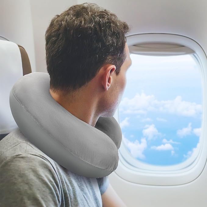 Cooling Travel Pillow, Neck Pillow Airplane Memory Foam Double-Side with Sleep Mask Earplugs, Soft & Support Airplane Pillow for Travelling Plane Car Train Home Use, Grey