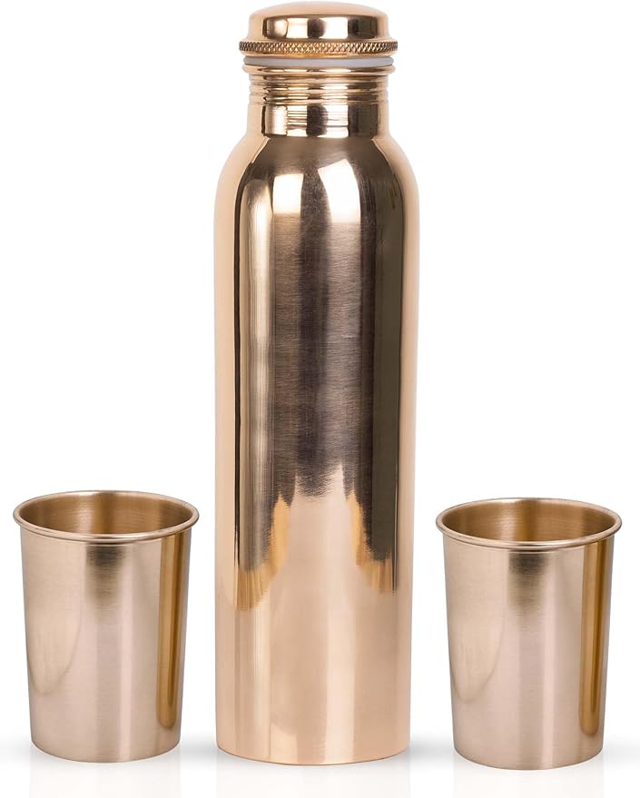 Copper Water Bottle With 2 Water Glasses - Copper Bottle for Drinking Water - 100% Copper Water Bottle - Home Essentials for New Home - Ayurvedic Pure Copper Vessel for Drinking Healthy Water