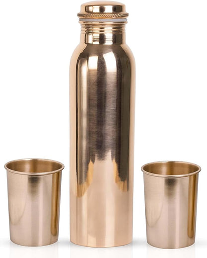 Copper Water Bottle With 2 Water Glasses - Copper Bottle for Drinking Water - 100% Copper Water Bottle - Home Essentials for New Home - Ayurvedic Pure Copper Vessel for Drinking Healthy Water