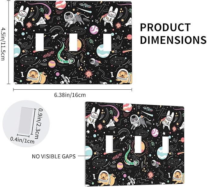 Space Cute Cat Dog Decorative Light Switch Cover Wall Plate 3 Toggle Triple Three Gang for Kitchen Kids Boys Room Bedroom Bathroom Home Novelty Decorate