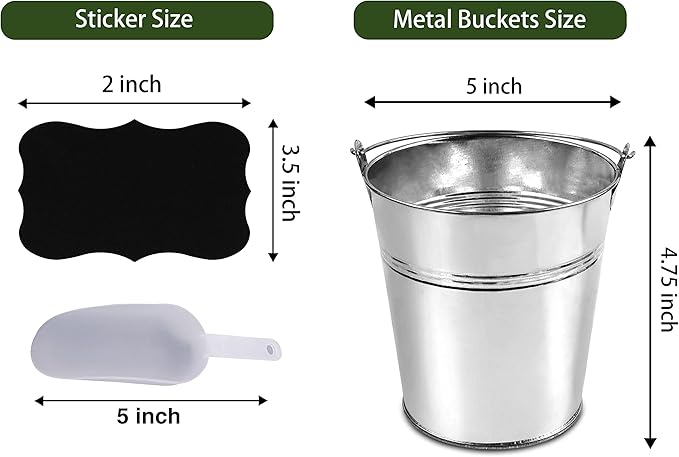 6 Metal Buckets With Chalkboard Stickers And Plastic Kitchen Scoops, Small Galvanized Buckets ,For Birthday, Wedding Party, Garden Planters , Party Supplies,Decorations ,5 Inch Tin Buckets - (tie 6)