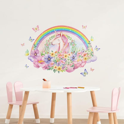 Rainbow Unicorn Wall Decals, Bouquets Flowers Butterflies Wall Stickers Removable Creative Self Adhesive Wall Art Sticker Home Decor for Girls Baby Nursery Kids Room Living Room