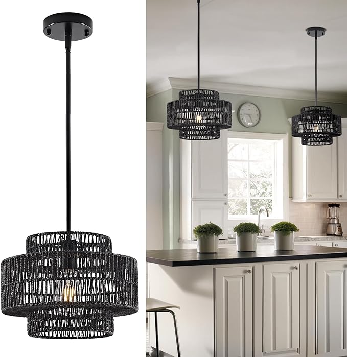 12.4” Black Boho Rattan Chandelier Light Fixture, 1-Light Hand Woven Pendant Light Fixture Farmhouse Rustic Hanging Lamp for Kitchen Island Bedroom, Dining Room, Living Room, Entryway, Foyer