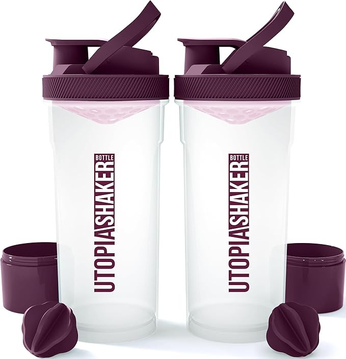 Utopia Home Shaker Bottle 2 Pack - 24 Ounce Plastic Protein or Cocktail Shaker Bottle for Pre & Post workout with Twist & Lock Protein Box Storage (Clear/Plum)