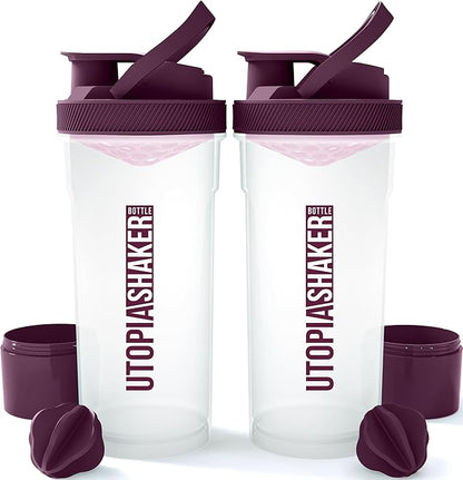 Utopia Home Shaker Bottle 2 Pack - 24 Ounce Plastic Protein or Cocktail Shaker Bottle for Pre & Post workout with Twist & Lock Protein Box Storage (Clear/Plum)