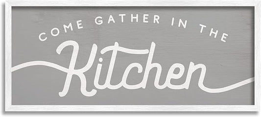 Stupell Industries Gather in The Kitchen Sign Rustic Family Phrase, Designed by Daphne Polselli White Framed Wall Art, 13 x 30, Grey