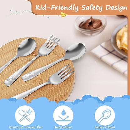 10-Piece Toddler Flatware, Kids Utensils Stainless Steel Cutlery Set, Children Safe Spoons and Forks with Ergonomic Handle, Easy to use and Dishwasher Safe (Crocodile and Bear)