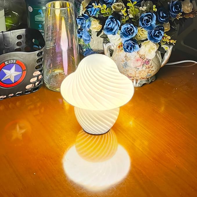 Mushroom Lamp, Small White Table Lamp with Striped Glass, Cute Little Swirl Nightstand Lamp for Bedroom Bedside Dorm Living Kitchen, Murano Style Aesthetic Kawaii Lamp for Home Decor Gift