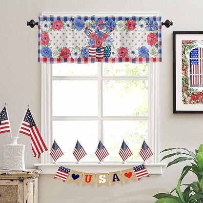 4th of July Kitchen Curtains Valances for Windows Patriotic Memorial Day Vases Flowers Rod Pocket Window Treatment for Kitchen/Living Room/Bedroom/Bathroom, 42" X 18", Blue Red Buffalo Plaid