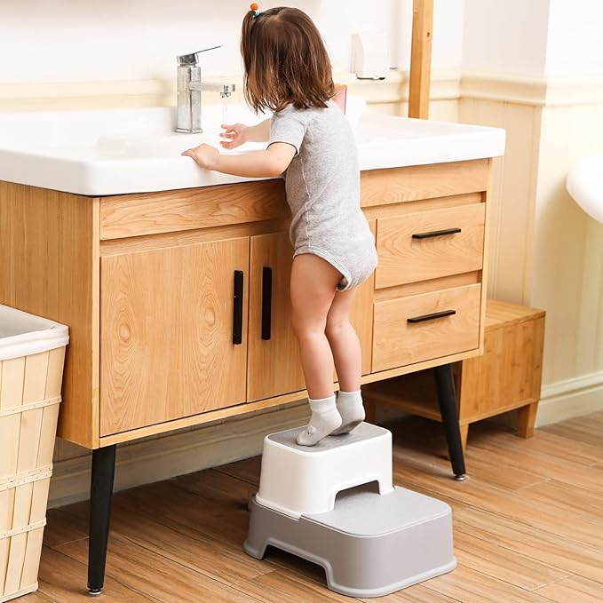 Two Step Stool for Kids(2 Packs), Anti-Slip Sturdy Toddler Two Step Stool for Bathroom, Kitchen and Toilet Potty Training (Gray)