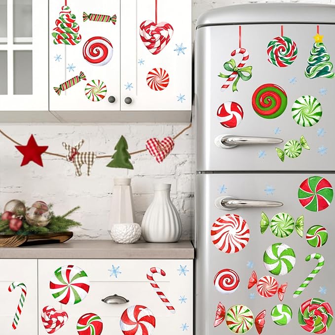 Yovkky 157 PCS Christmas Window Clings 9 Sheets, Xmas Candy Cane Peppermint Lollipop 2025 New Year Stickers Decals Decor, Christmas Snowflakes Winter Holiday Party Home Kitchen Candyland Decorations