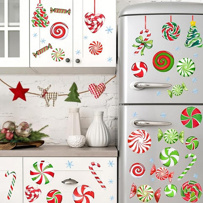 Yovkky 157 PCS Christmas Window Clings 9 Sheets, Xmas Candy Cane Peppermint Lollipop 2025 New Year Stickers Decals Decor, Christmas Snowflakes Winter Holiday Party Home Kitchen Candyland Decorations