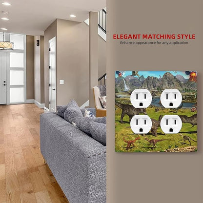 Cute Dinosaur Double Outlet Switch Wall Plate Cover Decorative 2-Gang for Electrical Boys Kids Room Bathroom Bedroom Home Kitchen Two Receptacle Polycarbonate Power Gear 4.5" x 2.76"