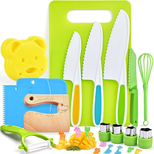 26PCS Kids Knives for Real Cooking, Wooden Kids Kitchen Knife Set Include 4 Serrated Edges Plastic Toddler Knives, Cutting Board, Y Peeler, Egg Beater, Toddler Food Picks and Cream Scraper